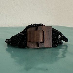 Women's Hand-Beaded Glass Mini Black Cuff Bracelet